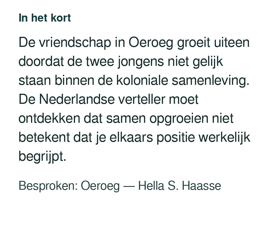 De vriendschap in Oeroeg groeit uiteen doordat de twee jongens niet gelijk staan binnen de koloniale samenleving. De Nederlandse verteller moet ontdekken dat samen opgroeien niet betekent dat je elkaars positie werkelijk begrijpt. Besproken: Oeroeg — Hella S. Haasse.