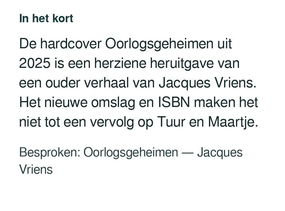 De hardcover Oorlogsgeheimen uit 2025 is een herziene heruitgave van een ouder verhaal van Jacques Vriens. Het nieuwe omslag en ISBN maken het niet tot een vervolg op Tuur en Maartje. Besproken: Oorlogsgeheimen — Jacques Vriens.