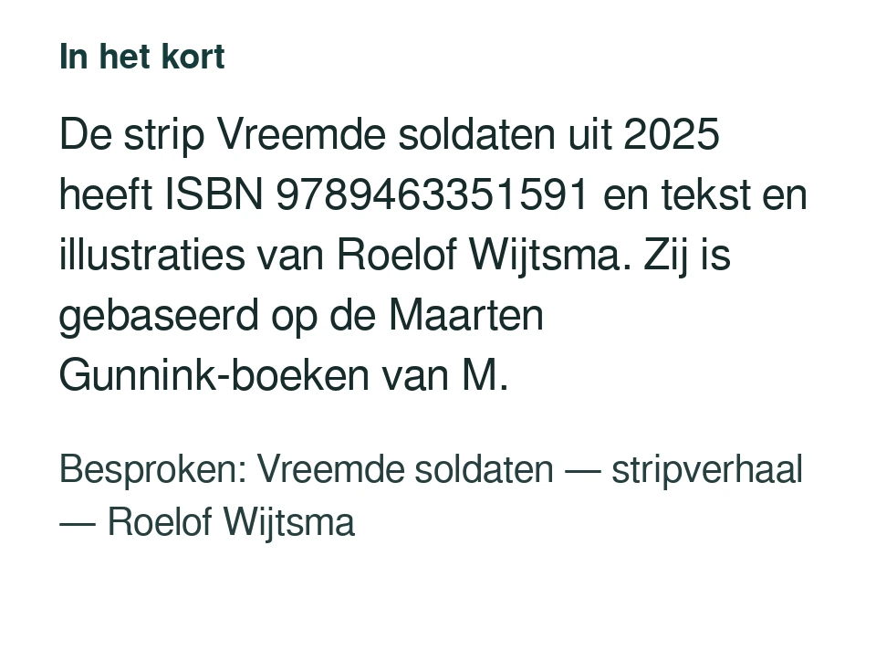 De strip Vreemde soldaten uit 2025 heeft ISBN 9789463351591 en tekst en illustraties van Roelof Wijtsma. Zij is gebaseerd op de Maarten Gunnink-boeken van M. Besproken: Vreemde soldaten — stripverhaal — Roelof Wijtsma.